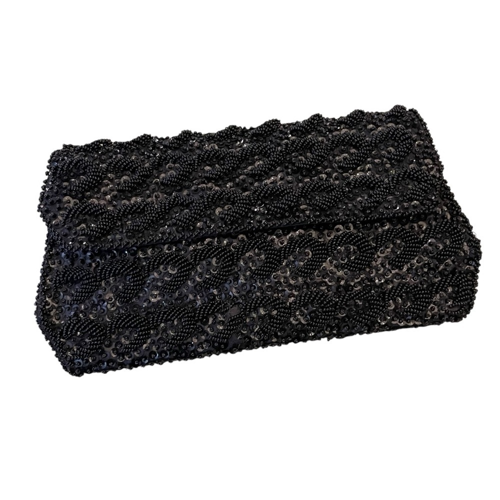 Vintage Black Beaded Sequined Clutch Made in Hong Kong